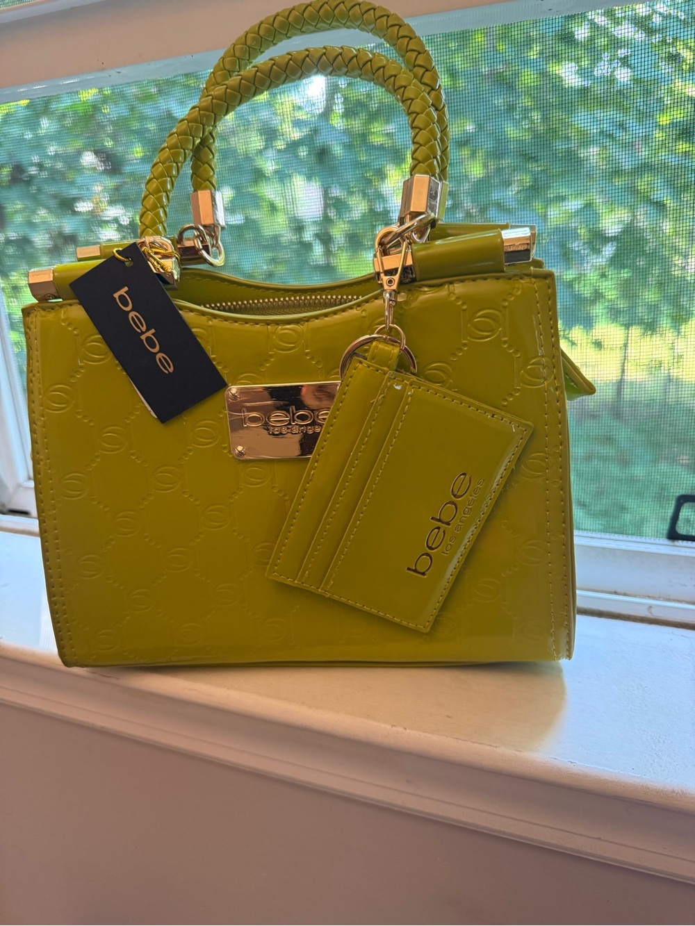 bebe lime patent braided-handle satchel with cardholder retail $109 fancy bag - Picture 2 of 12